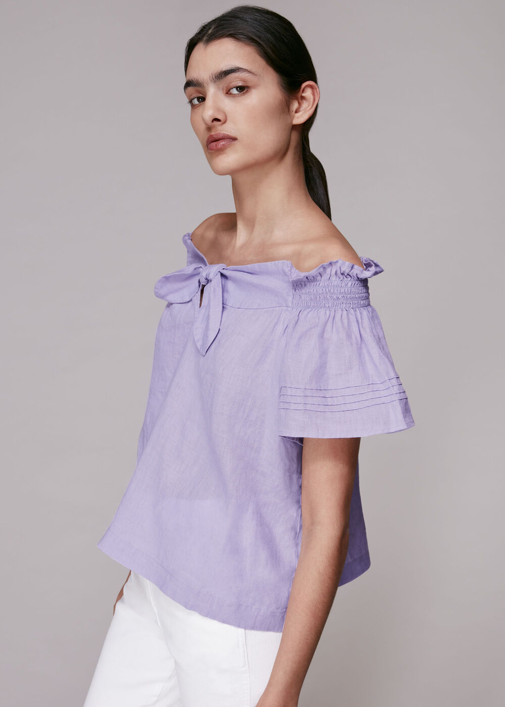 Tie Front Bardot Linen Top Lilac