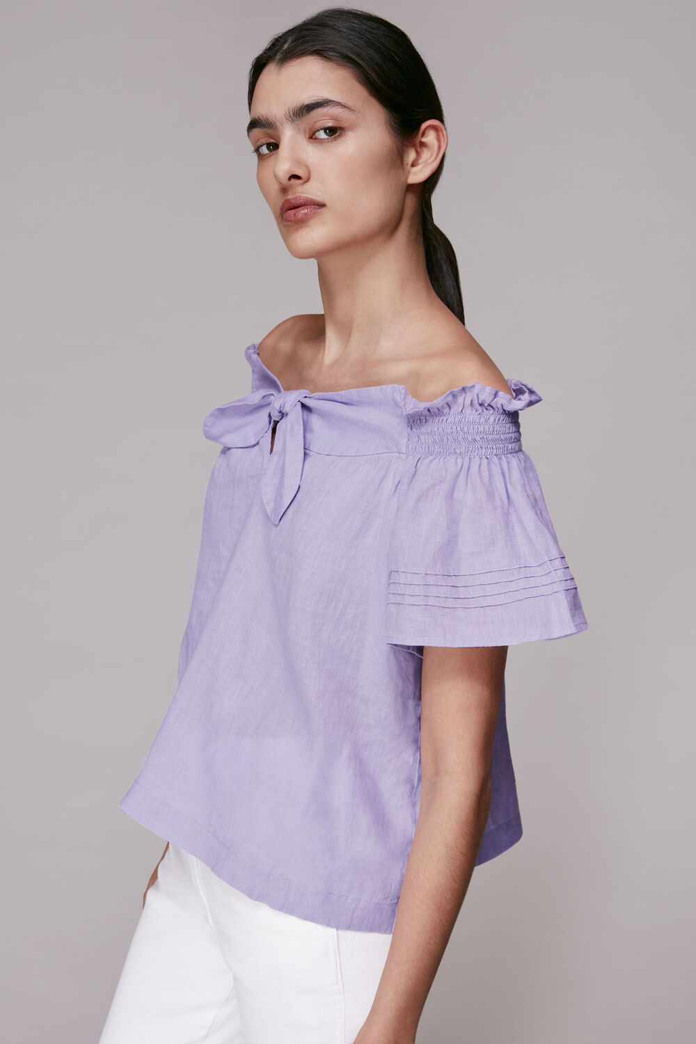 Tie Front Bardot Linen Top Lilac