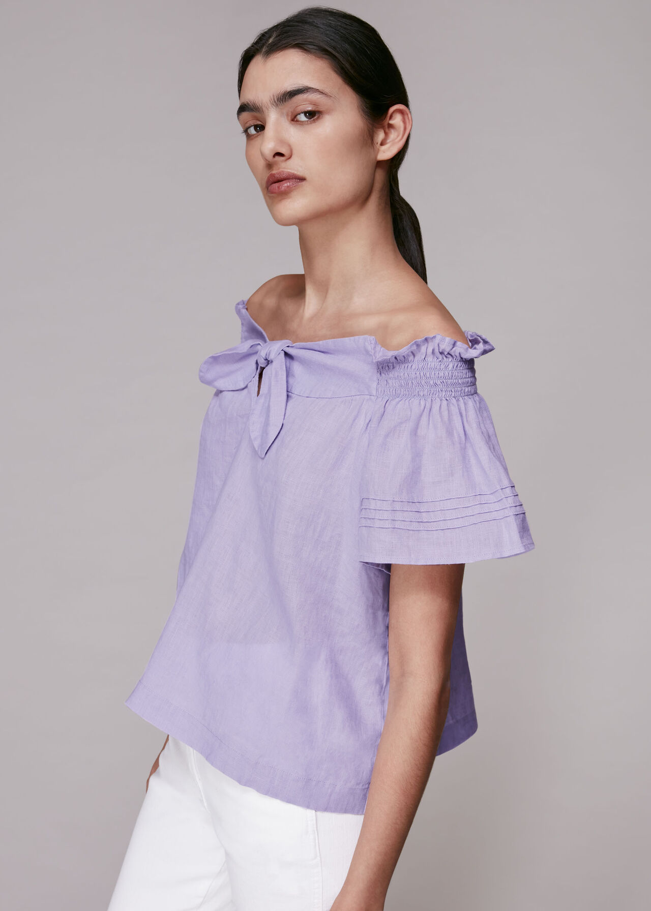 Tie Front Bardot Linen Top Lilac