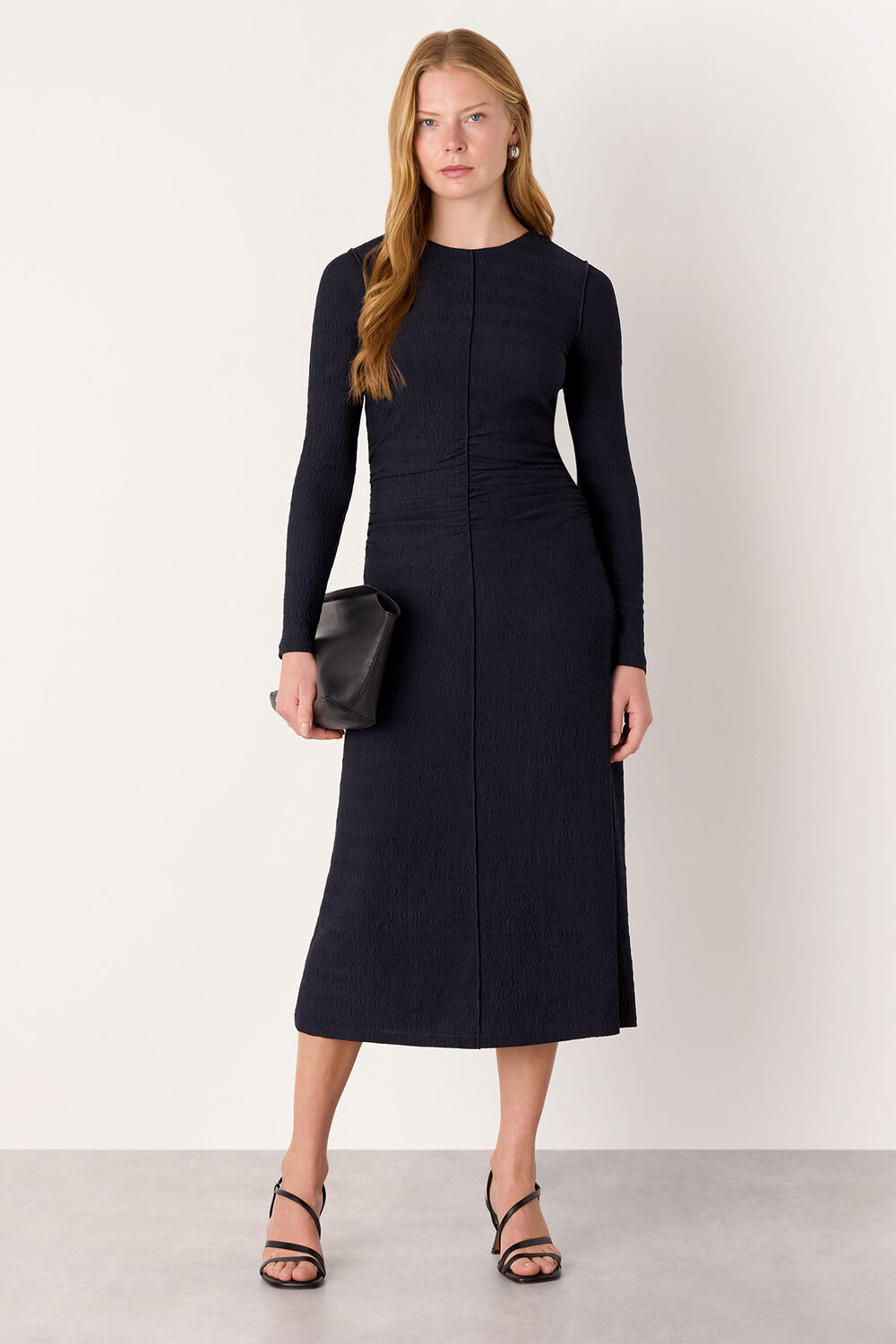 Navy Textured Jersey Ruched Dress