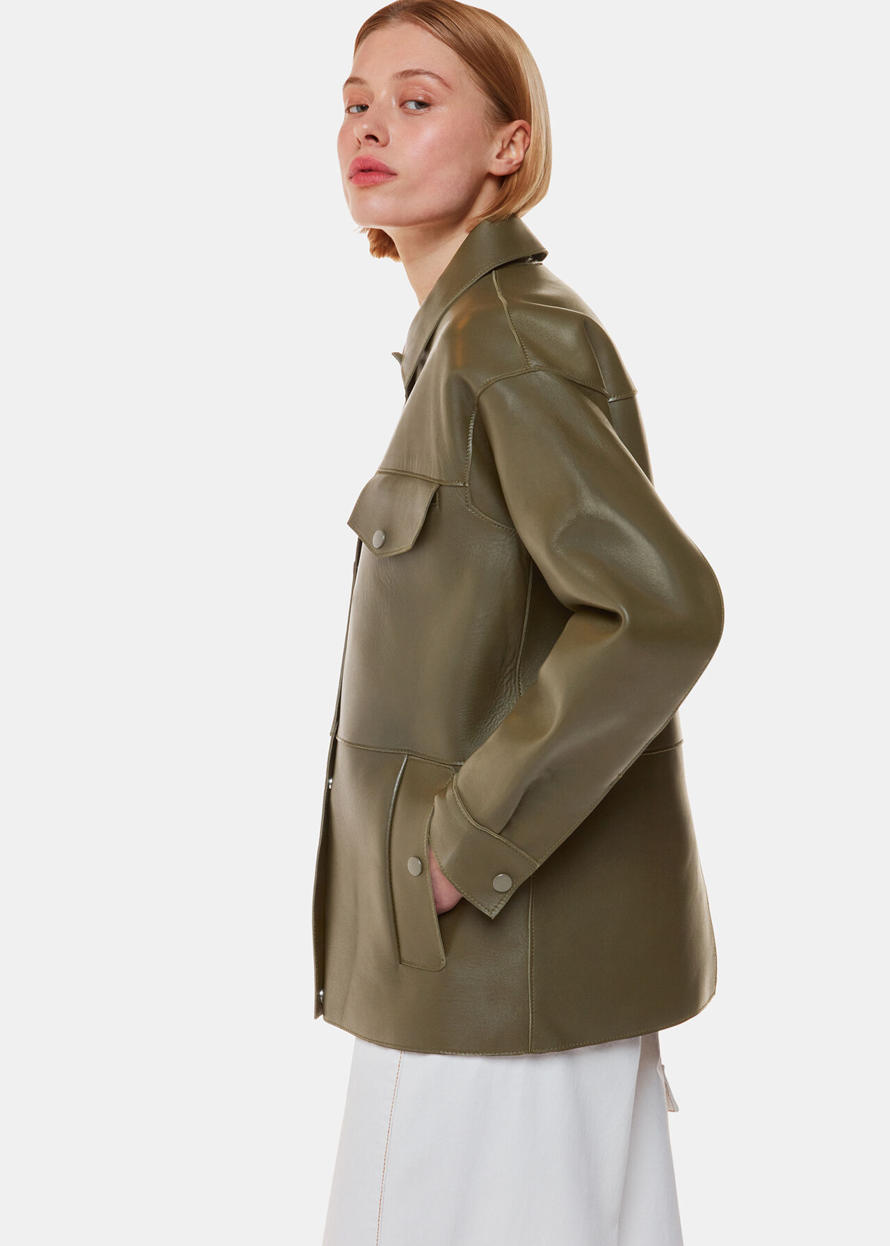 Khaki Clean Bonded Leather Jacket | WHISTLES | Whistles UK