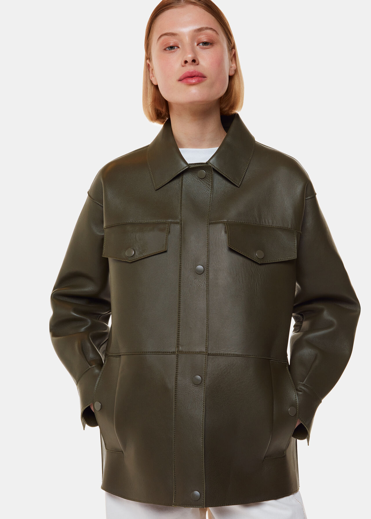 Khaki Clean Bonded Leather Jacket WHISTLES Whistles US