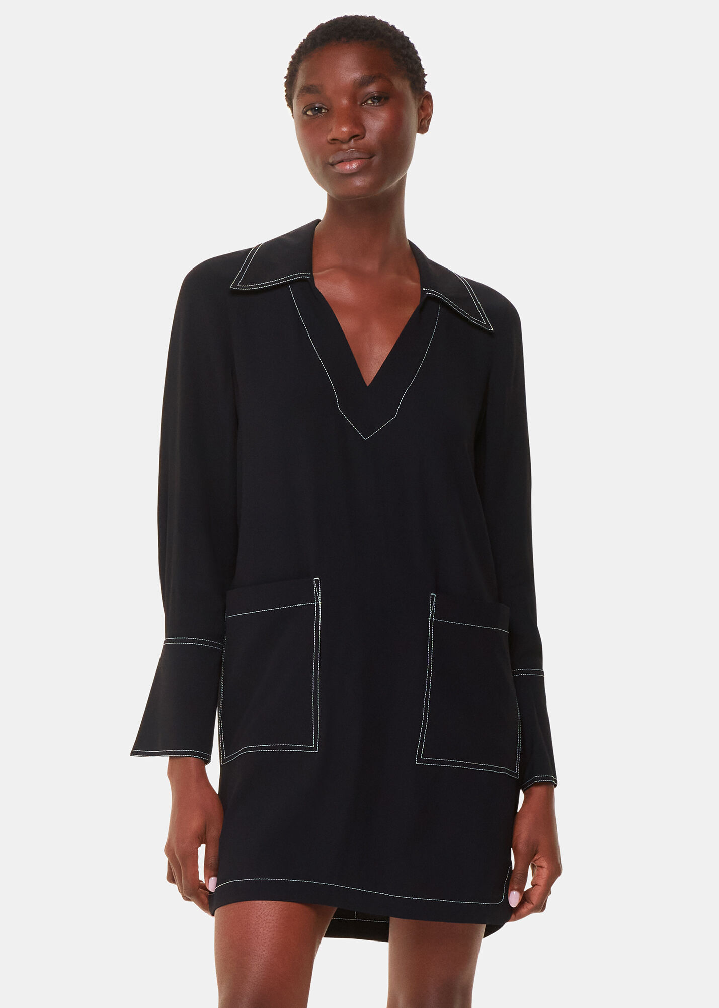 Black Topstitch Detail Shirt Dress WHISTLES Whistles ROW