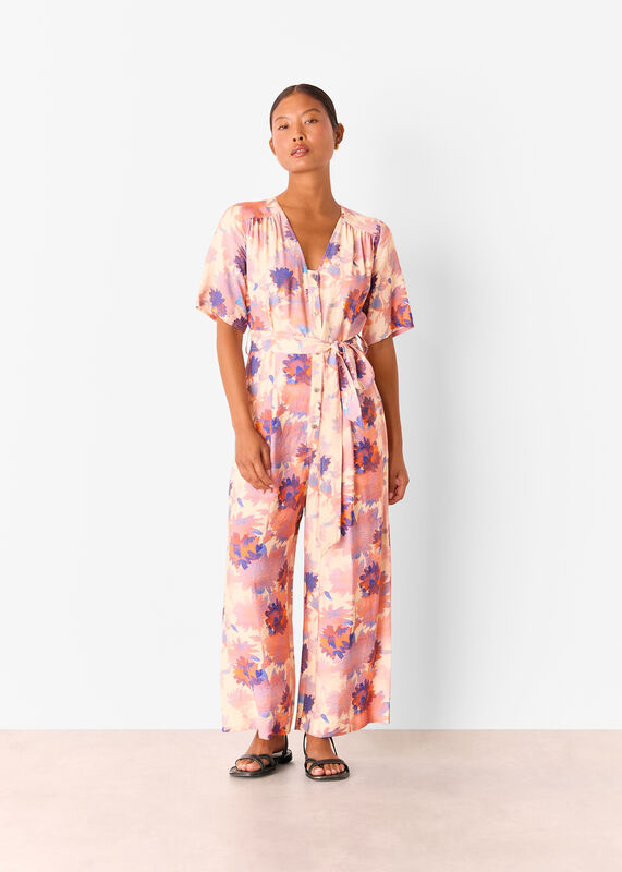 Pink Petite Floral Button Front Jumpsuit