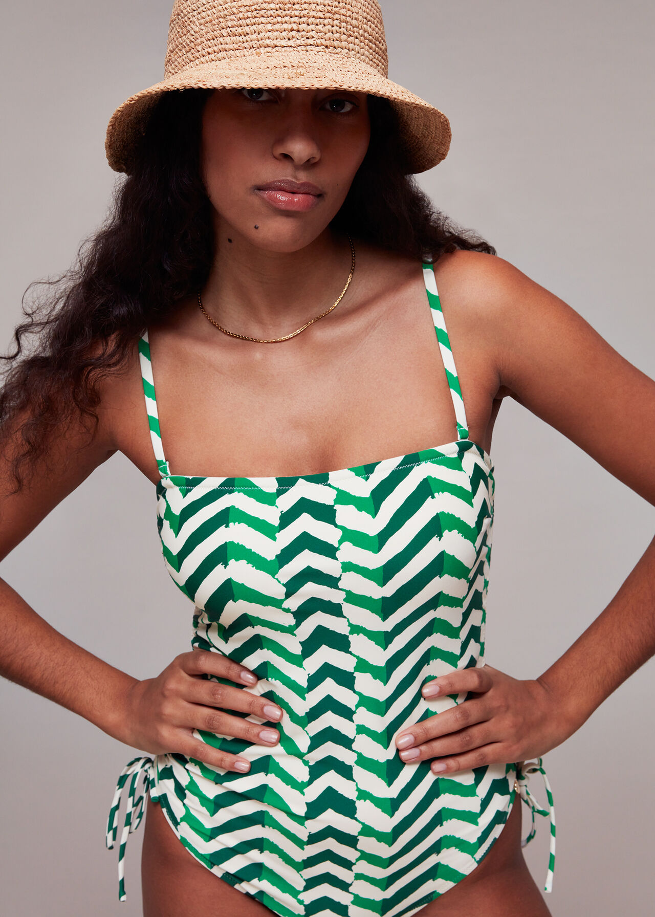 Green/Multi Chevron Ruched Swimsuit, WHISTLES