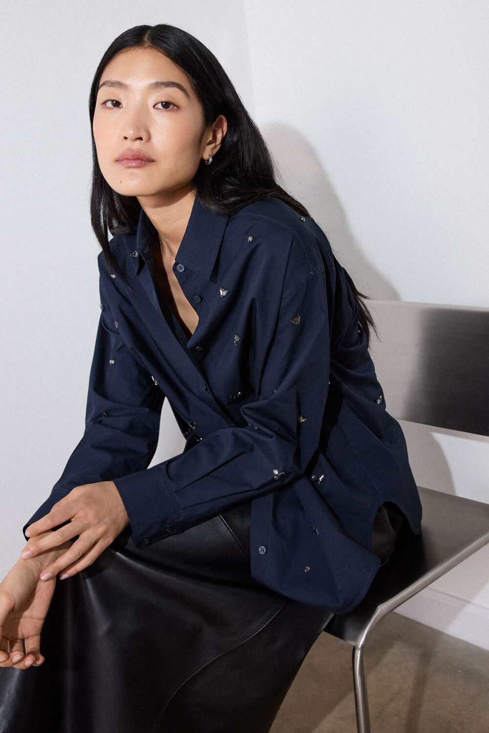 Navy Jewelled Cotton Poplin Shirt