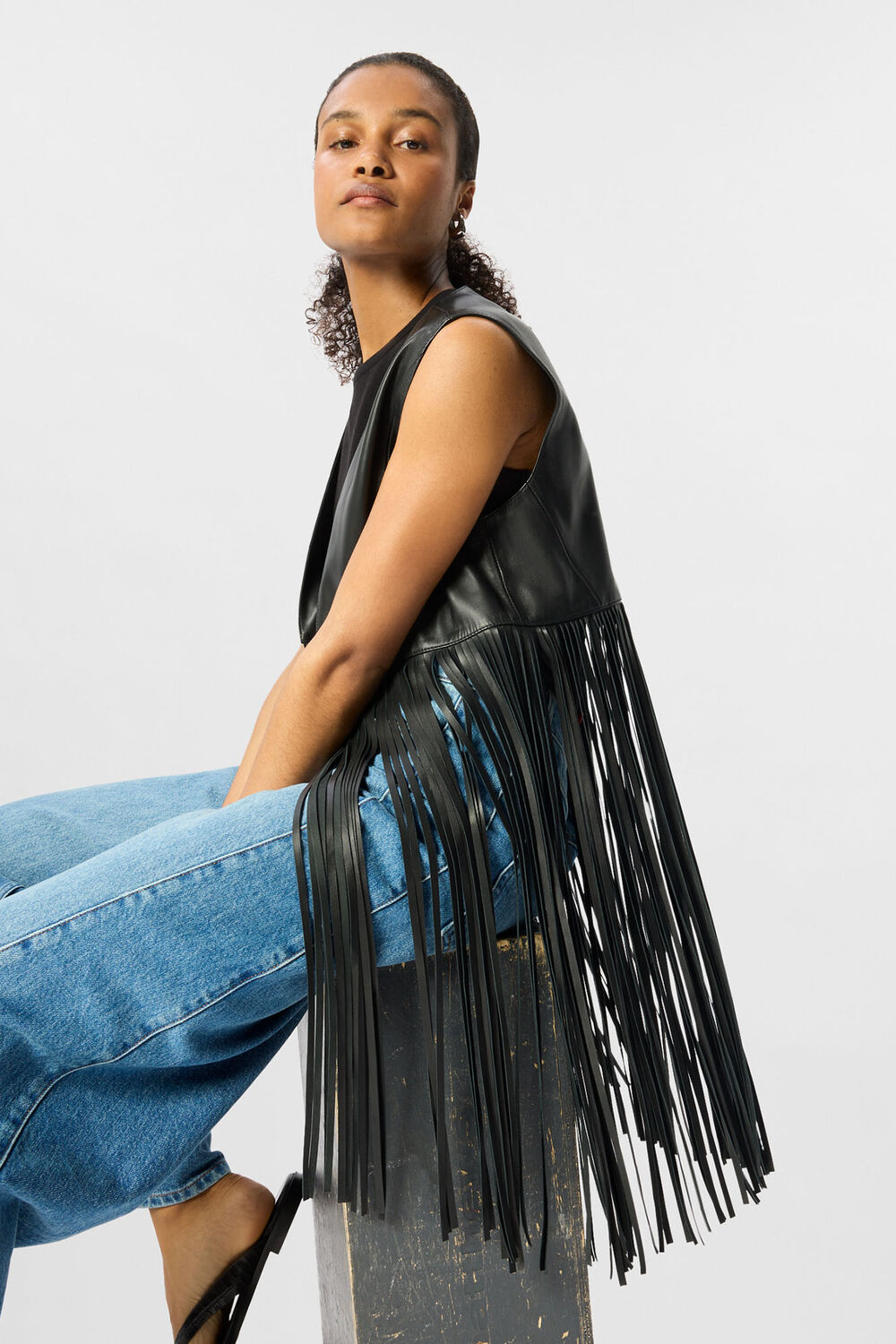 Black Rei Leather Fringed Waistcoat