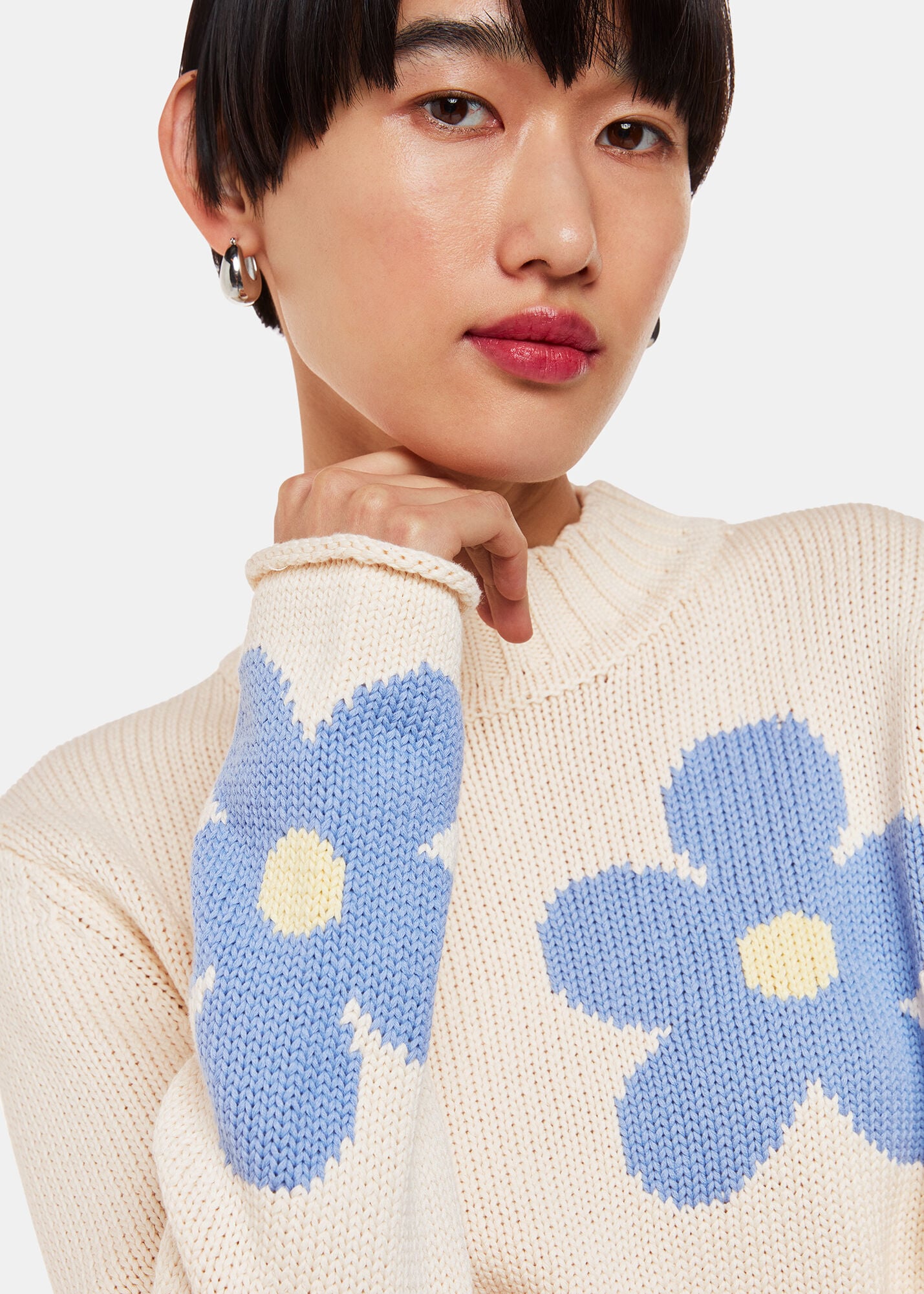Ivory/Multi Flower Intarsia Cropped Knit | WHISTLES | Whistles UK |