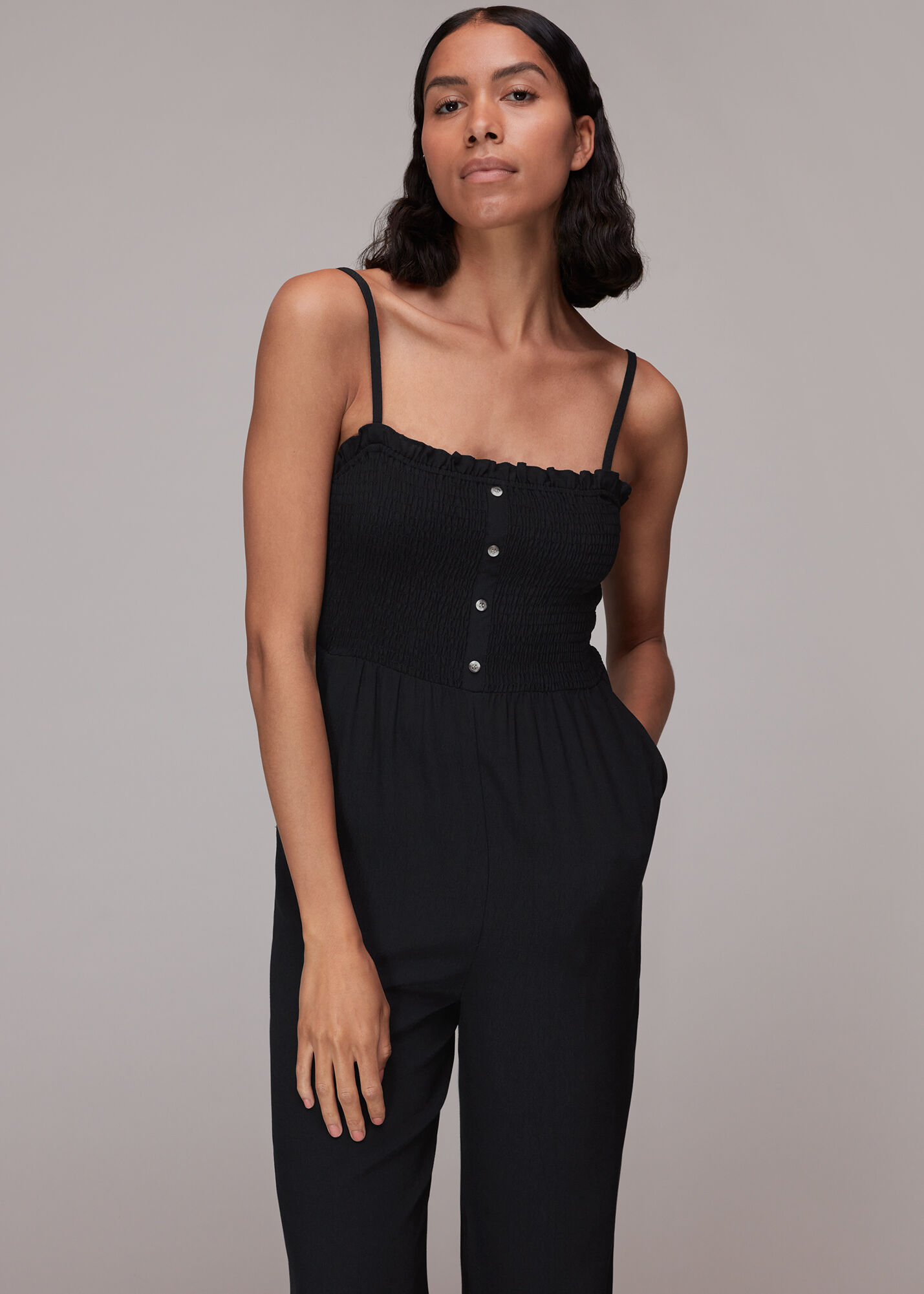 Black Nadia Shirred Jumpsuit | WHISTLES | Whistles UK |