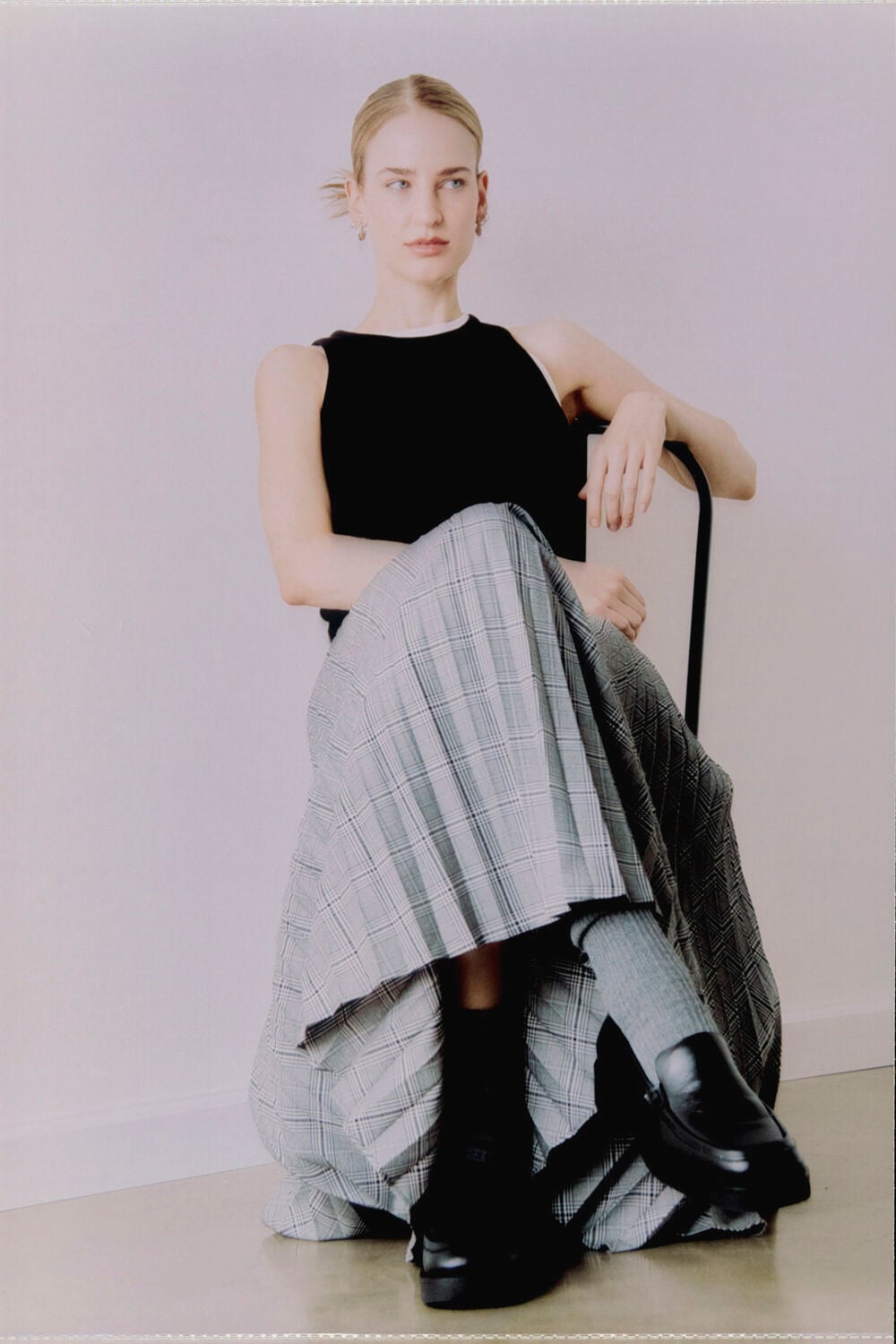 Grey Petite Check Pleated Midi Skirt