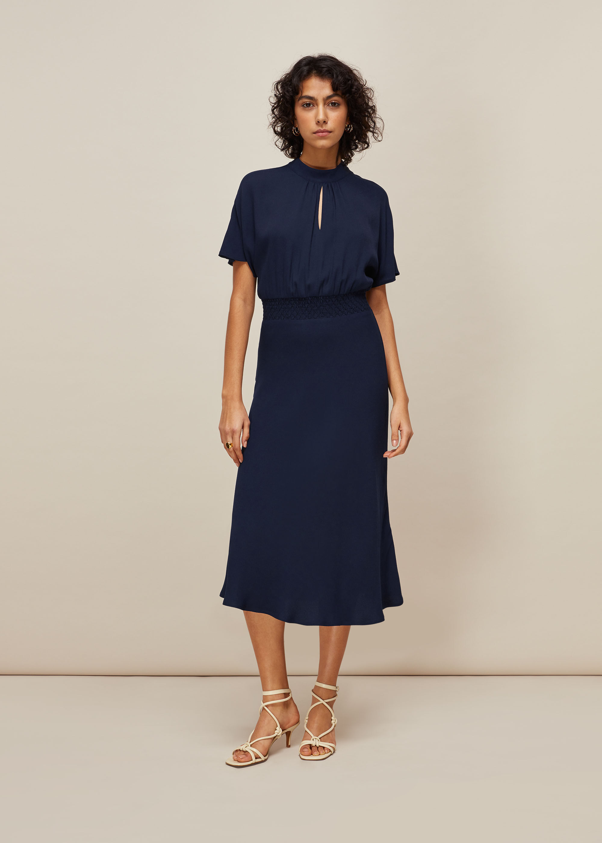 Navy Shirred Waist Midi Dress WHISTLES