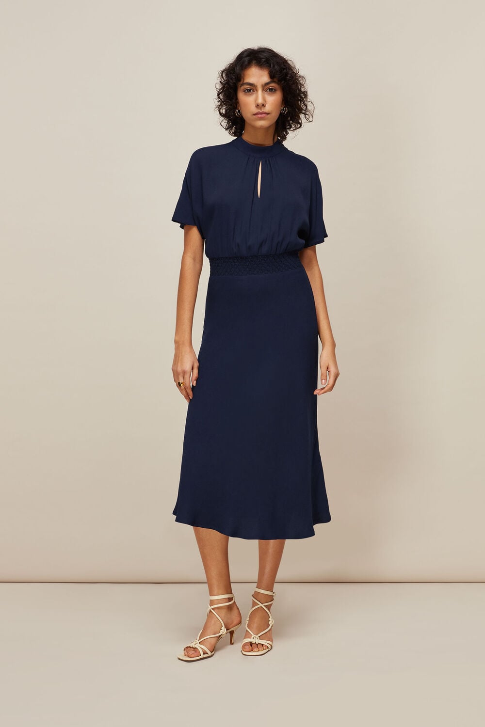 Shirred Waist Midi Dress Navy