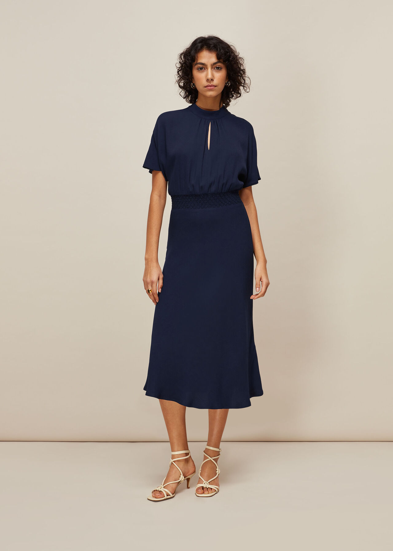 Shirred Waist Midi Dress Navy