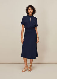 Shirred Waist Midi Dress Navy