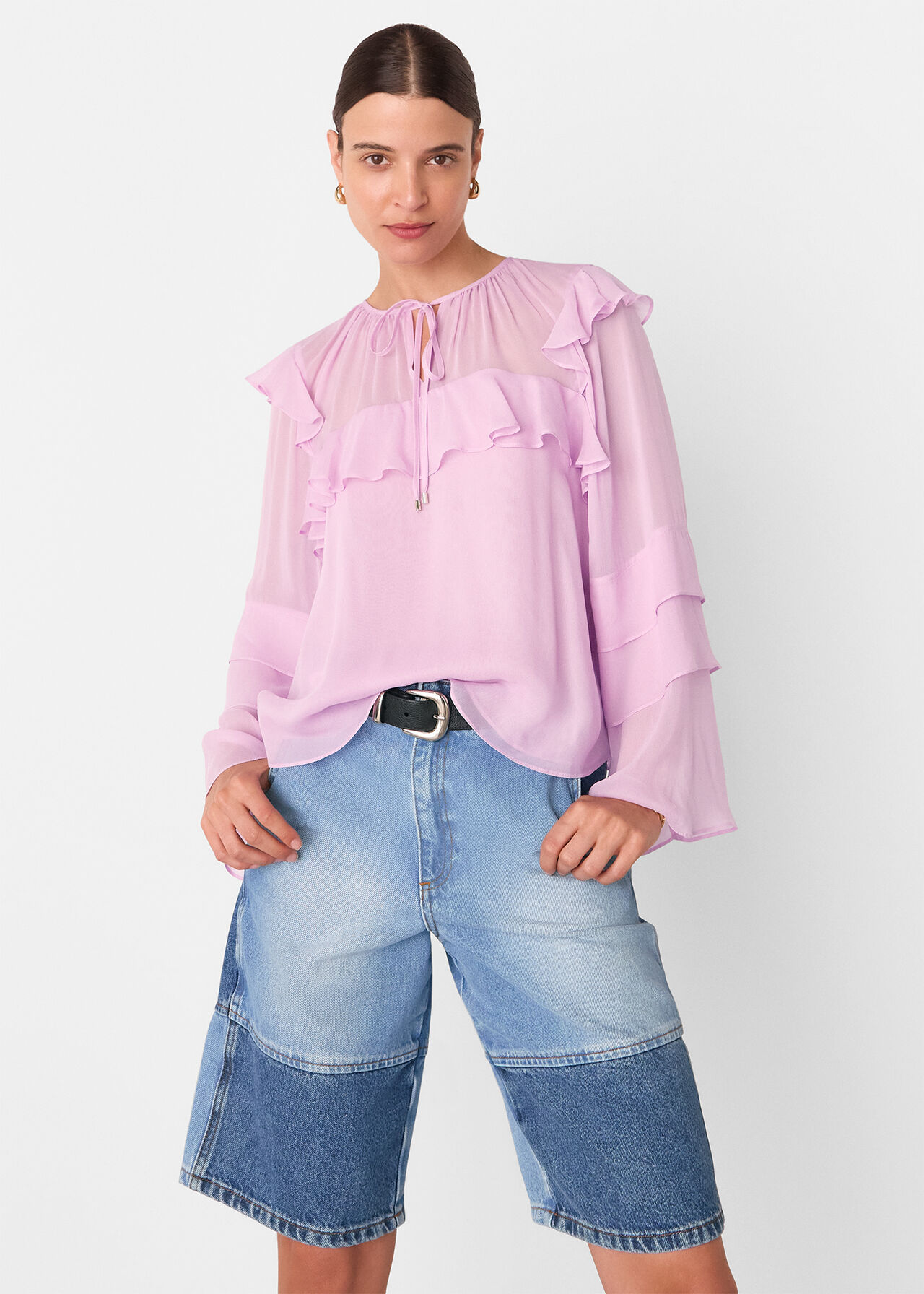 Sheer Tie Neck Frill Blouse