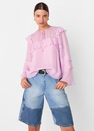 Sheer Tie Neck Frill Blouse