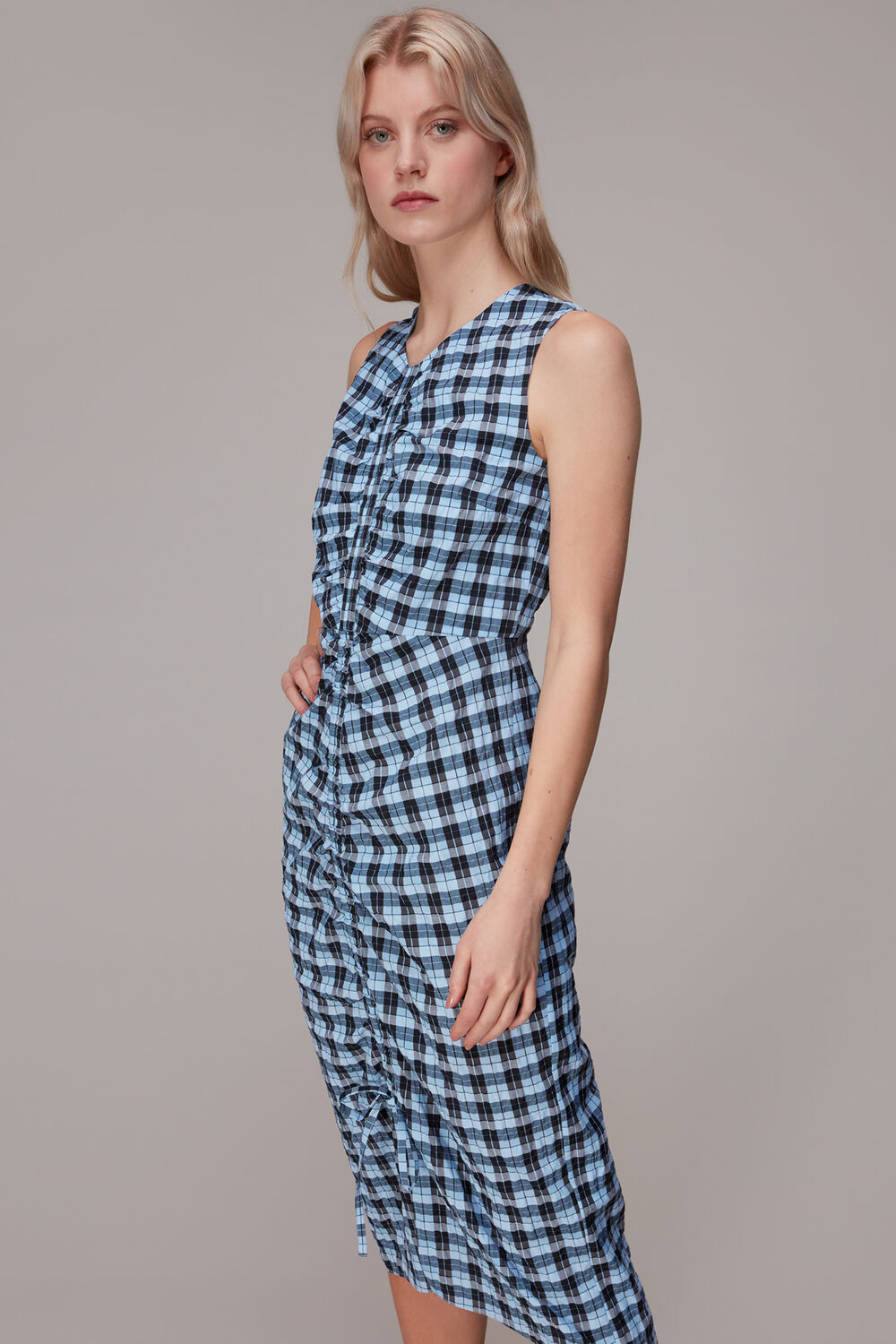Ruched Gingham Midi Dress