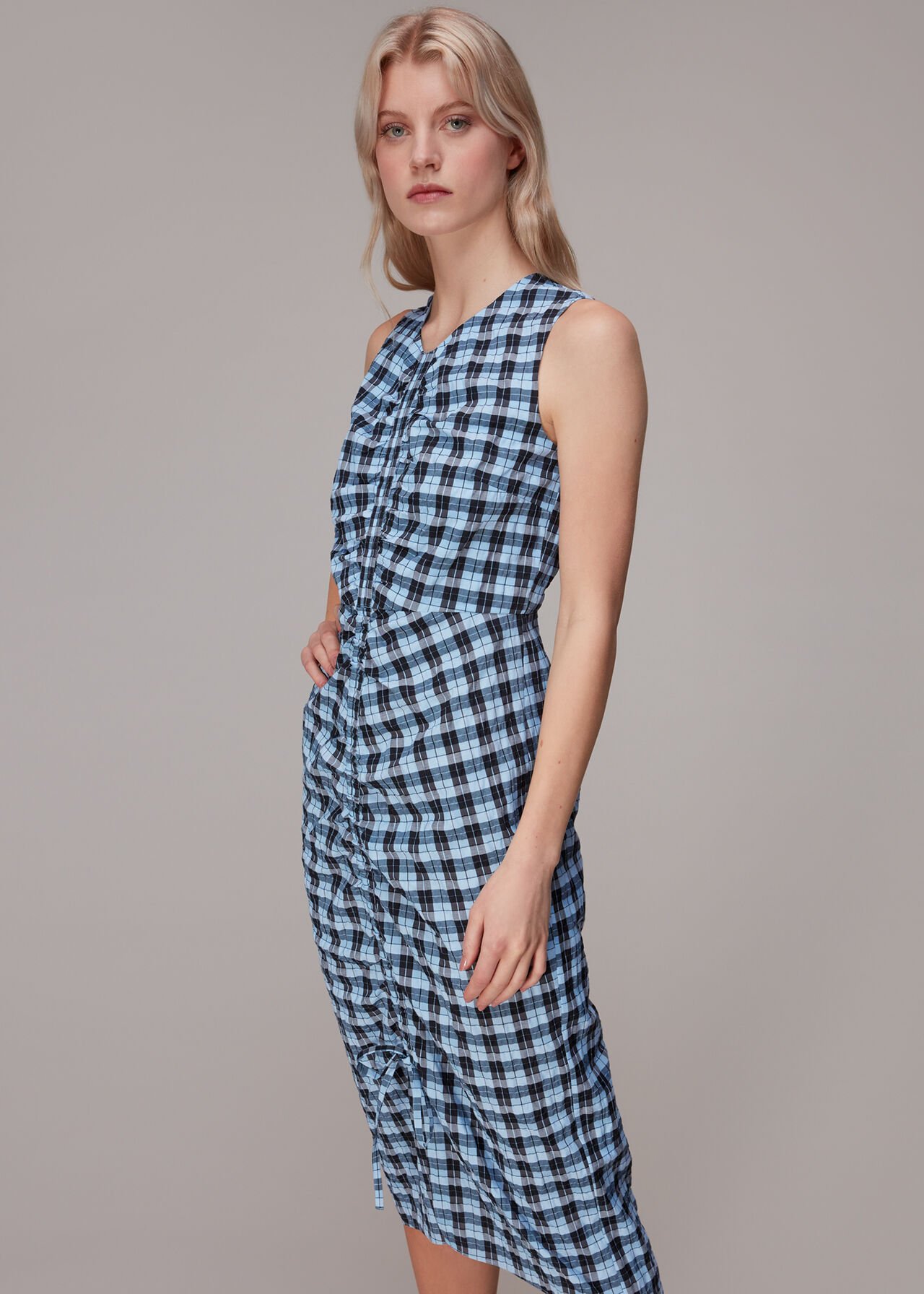 Ruched Gingham Midi Dress