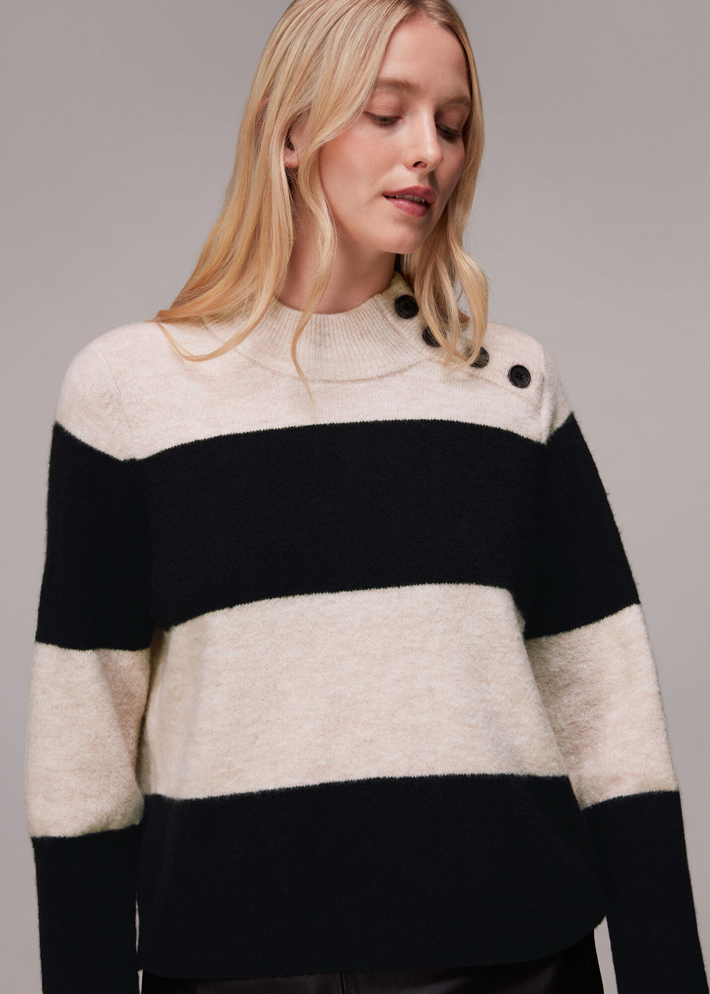 Black/Multi Stripe Button Neck Jumper WHISTLES