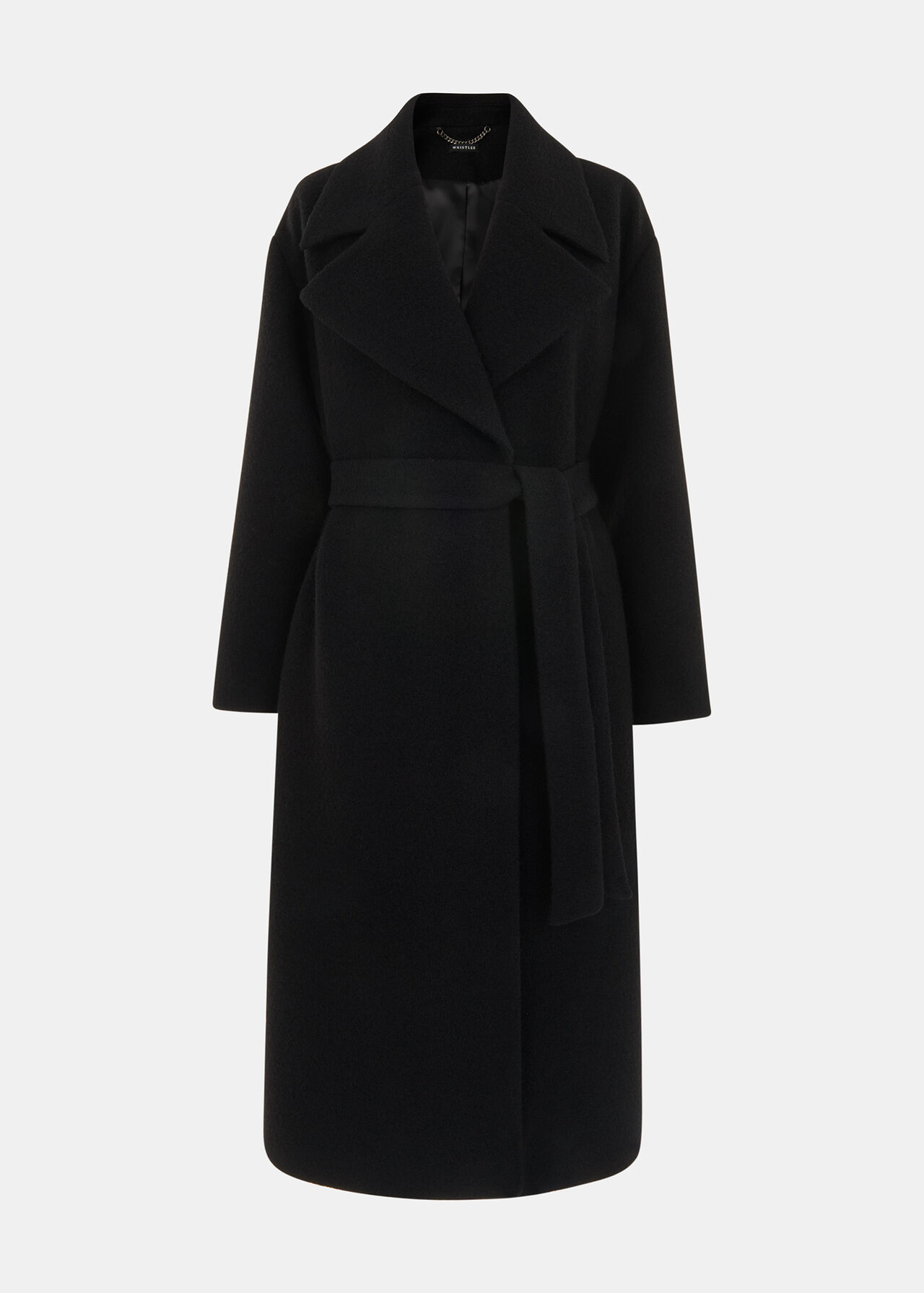 Black Wrap Wool Coat with Tie Waist Belt, Whistles