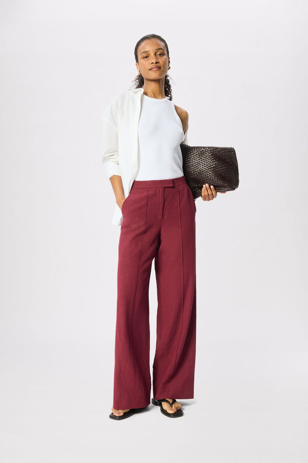 Burgundy Petite Linen Blend Pintuck Trouser