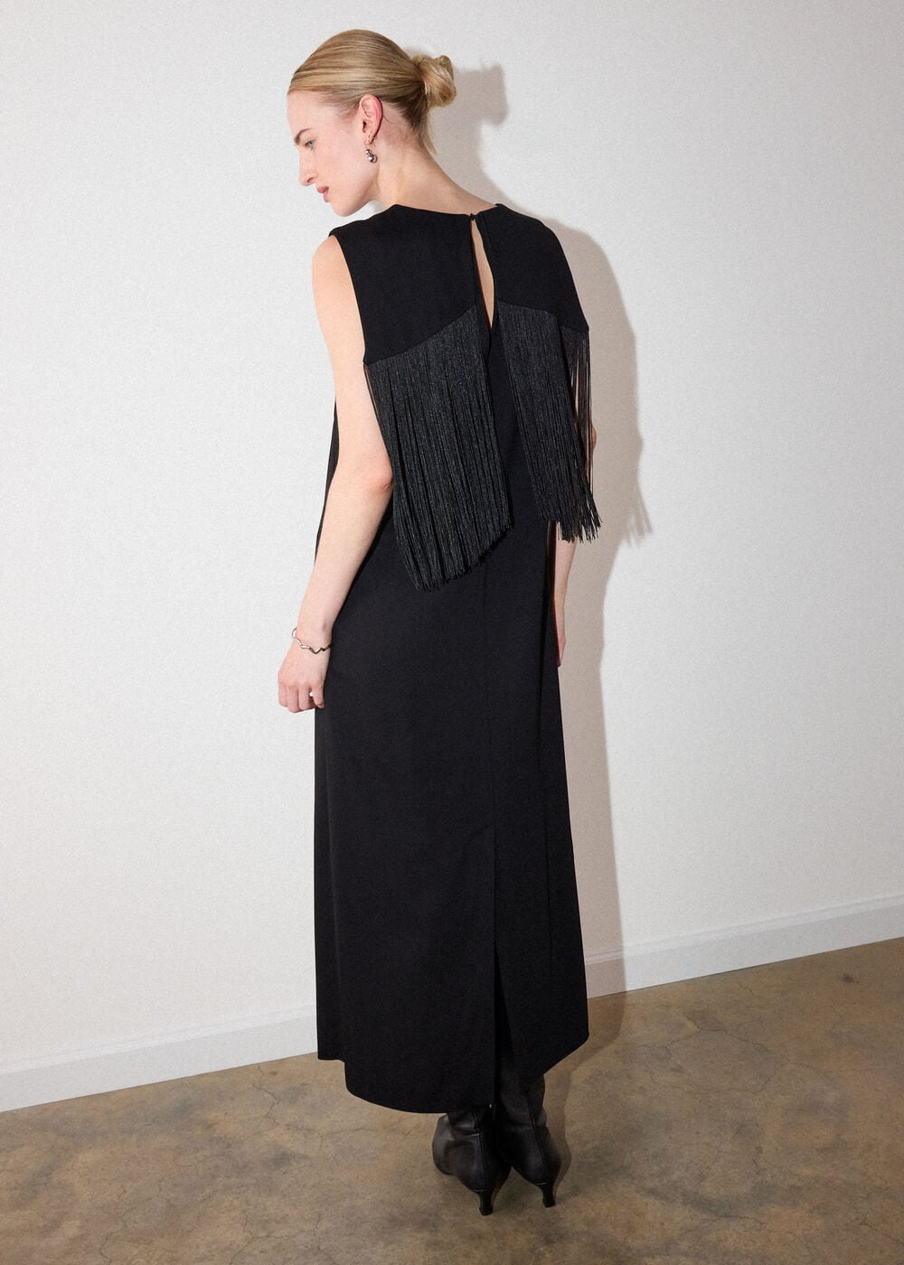 Black Fringe Back Midi Dress