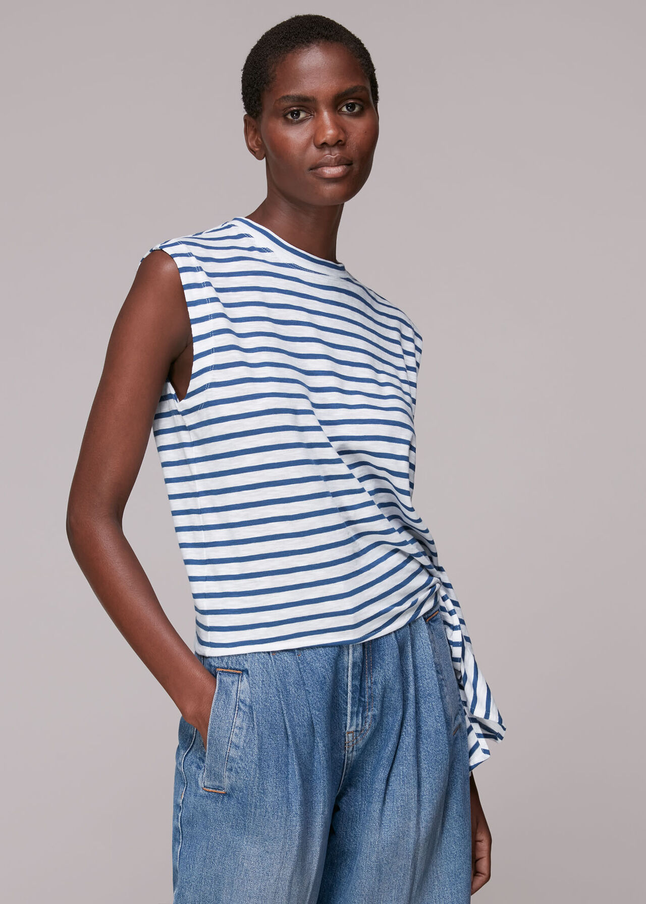 Blue/White Stripe Sleeveless Side Tie Top | WHISTLES