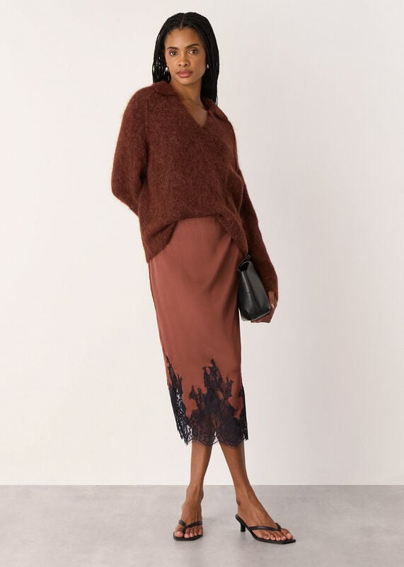 Brown Lace Hem Satin Midi Skirt