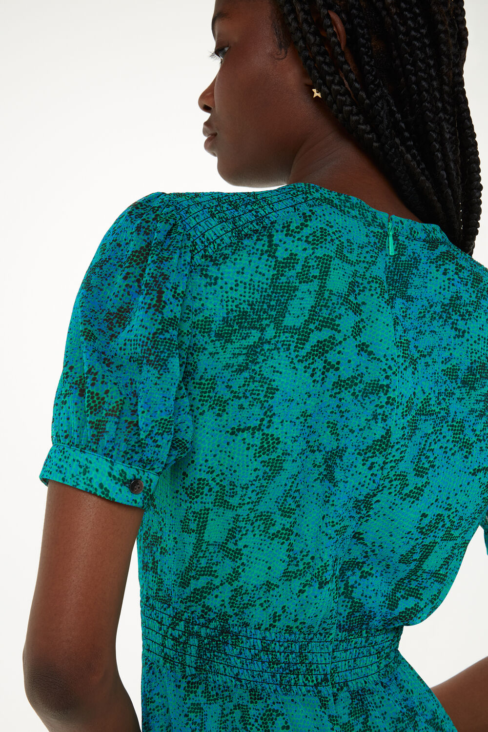 Teal Diagonal Snake Shirred Dress