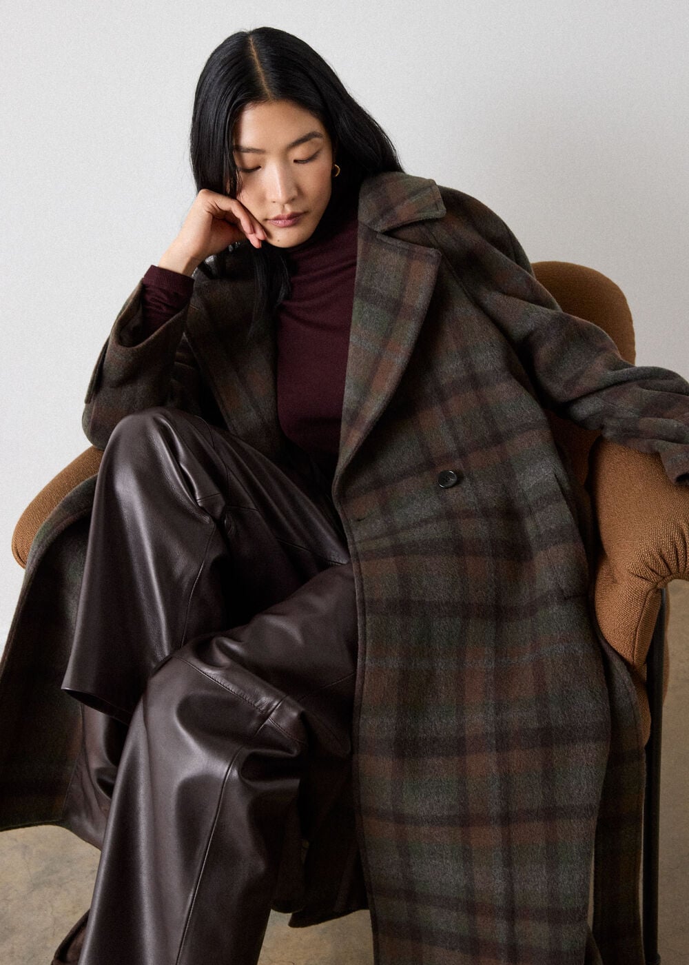 Khaki Funnel Neck Check Coat