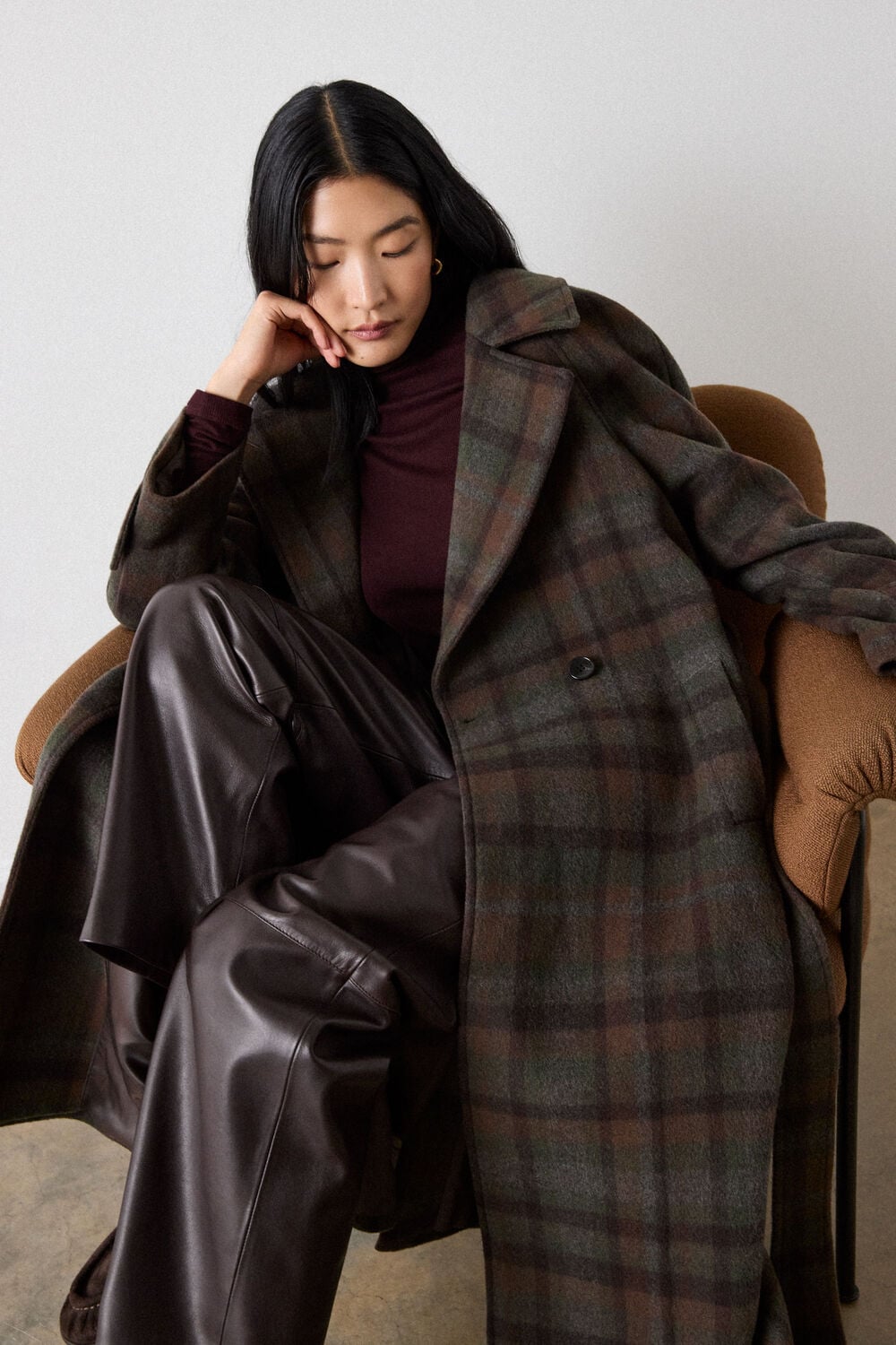 Khaki Funnel Neck Check Coat