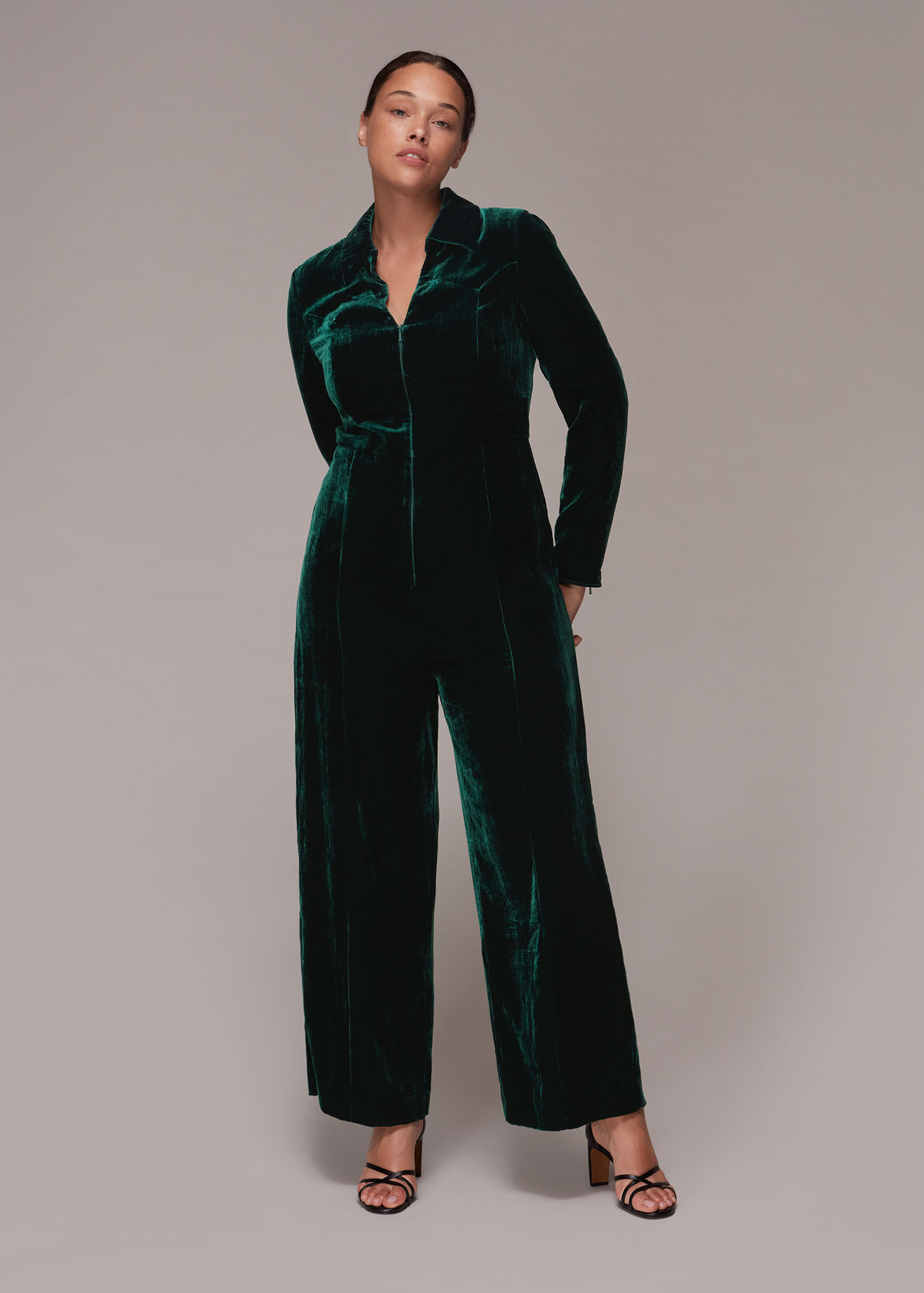 Green Velvet Zip Front Jumpsuit WHISTLES Whistles