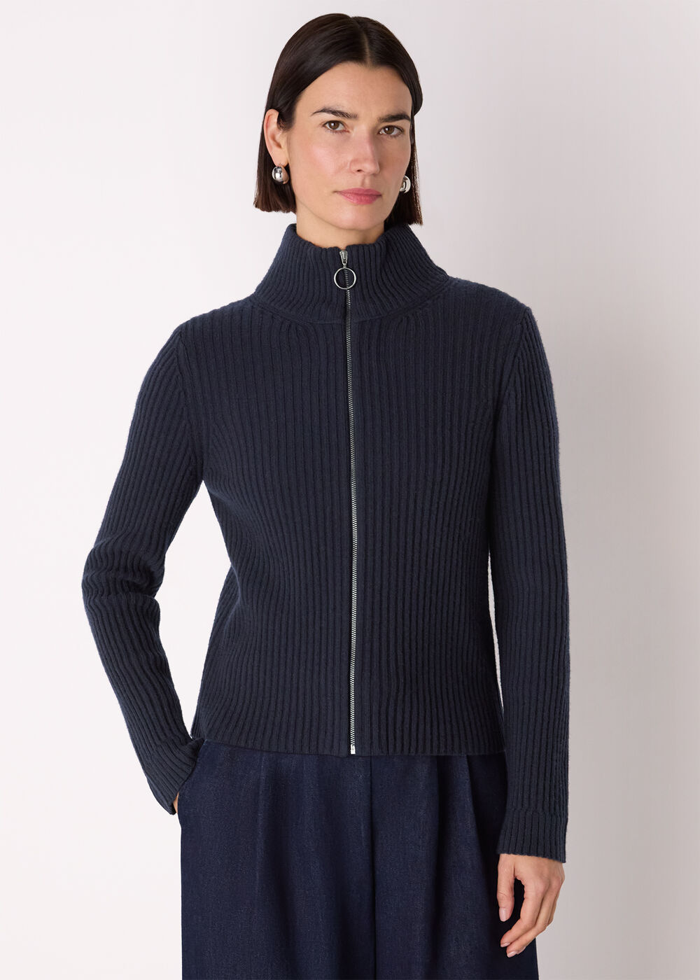 Wool Zip Front Rib Cardigan