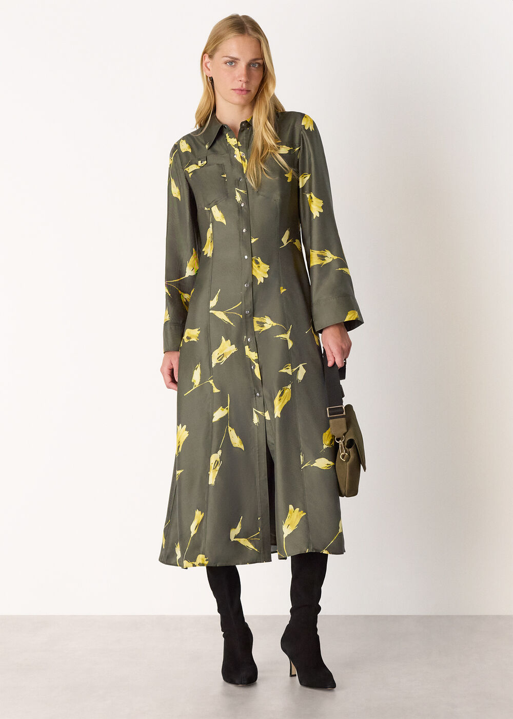 Floral Silk Shirt Midi Dress