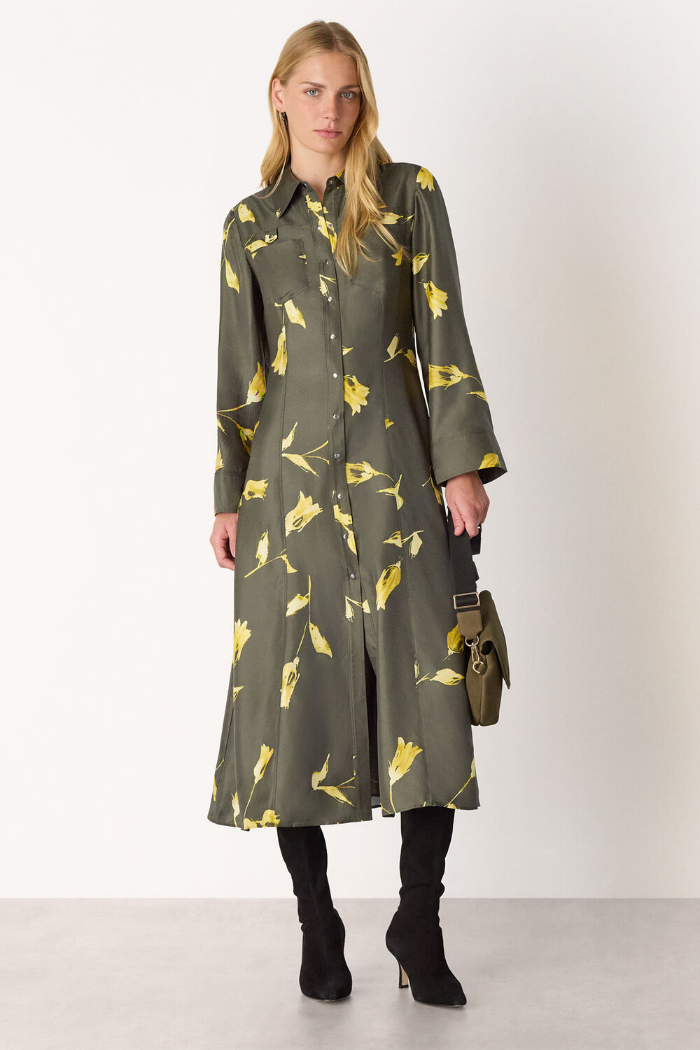 Green Floral Silk Shirt Midi Dress