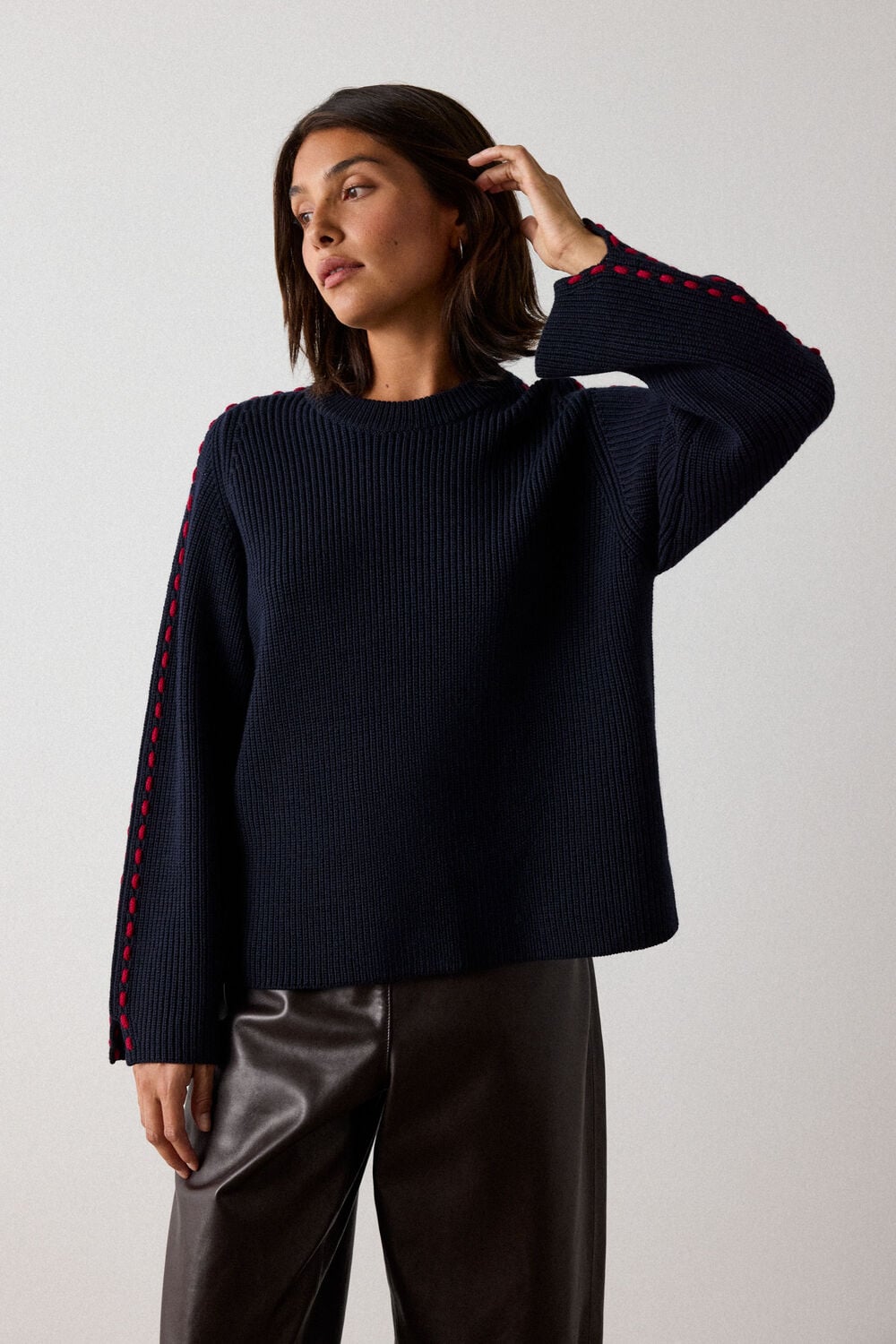 Navy Wool Mix Contrast Stitch Knit