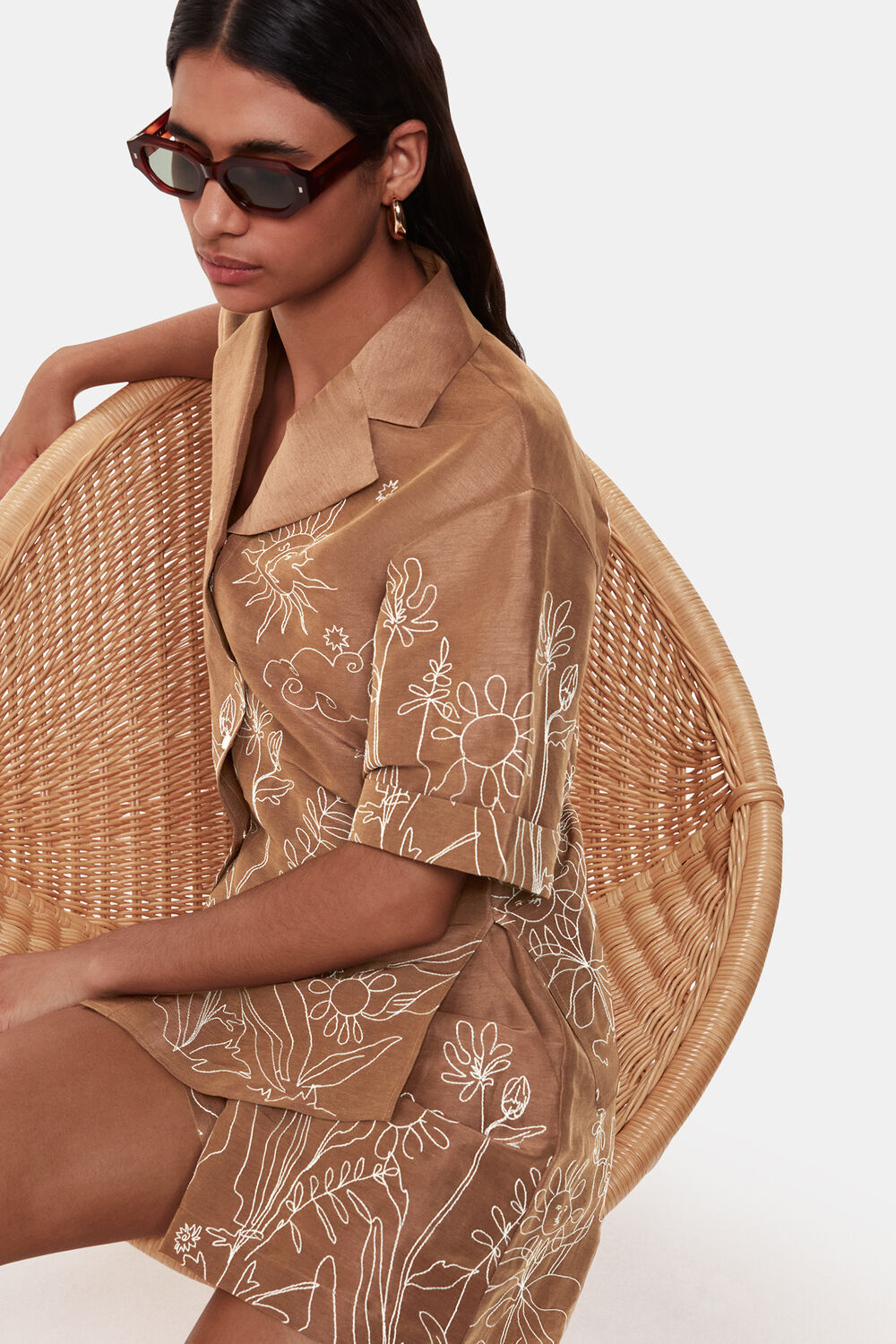 Brown Embroidered Scribble Short