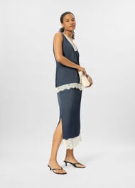 Lace Hem Satin Midi Skirt