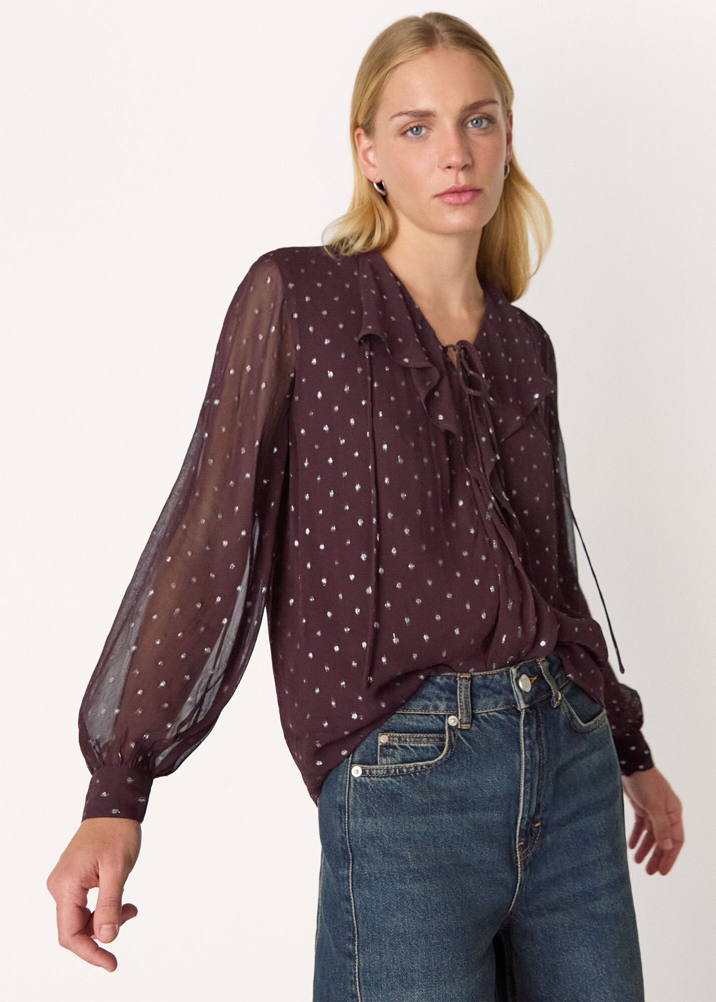 Burgundy/Multi Metallic Dobby Frill Blouse | WHISTLES | Whistles US |