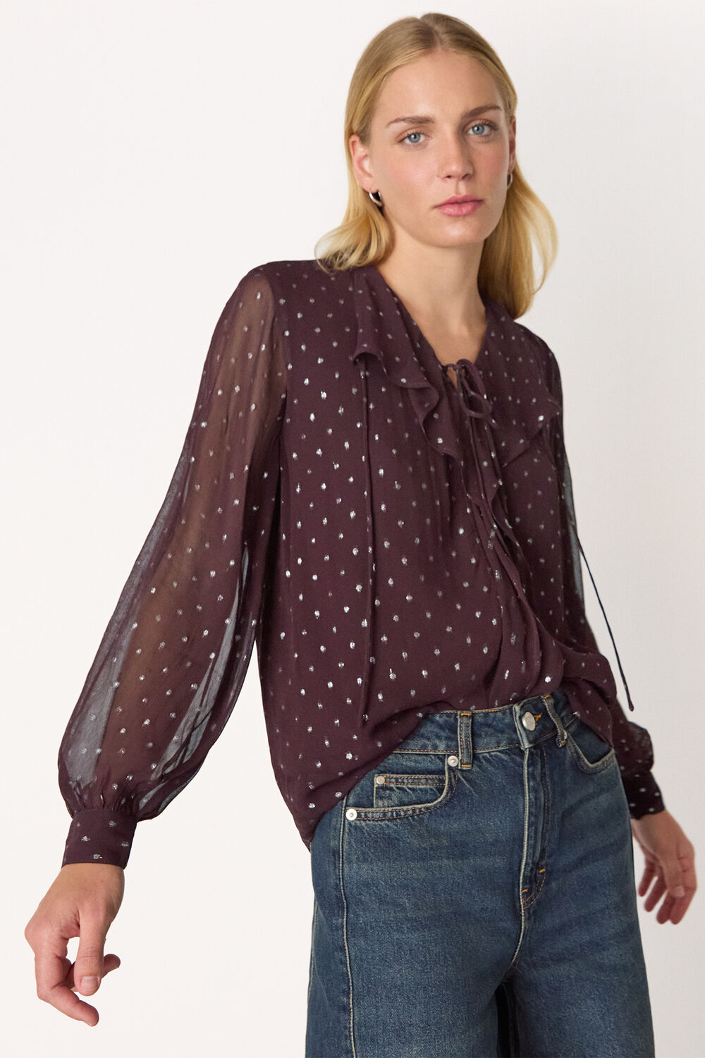 Burgundy Metallic Dobby Frill Blouse