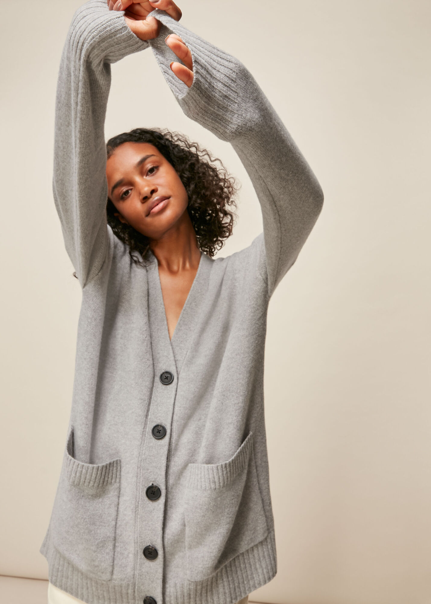 Grey Long Line Pocket Wool Cardigan WHISTLES