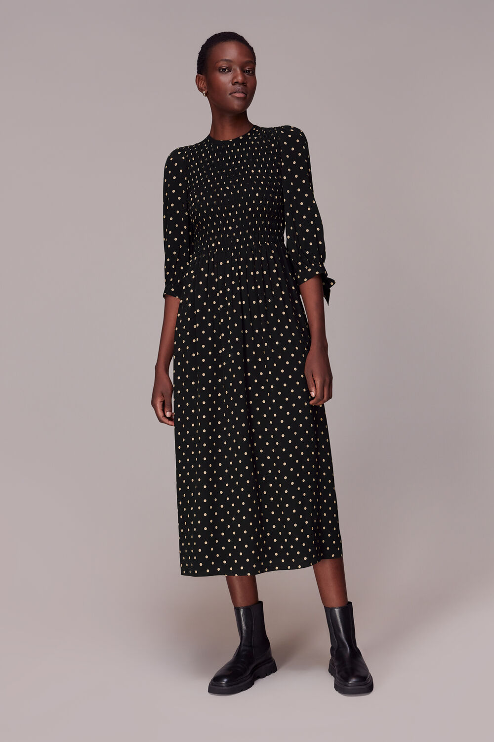 Black Shirred Spot Midi Dress