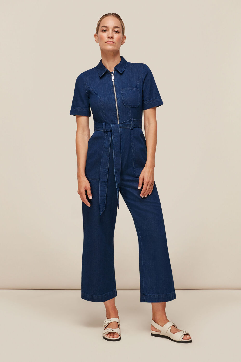 Tie Waist Denim Jumpsuit