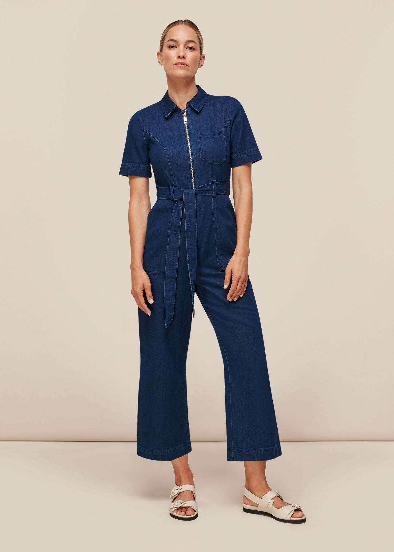 Denim Tie Waist Denim Jumpsuit WHISTLES Whistles UK