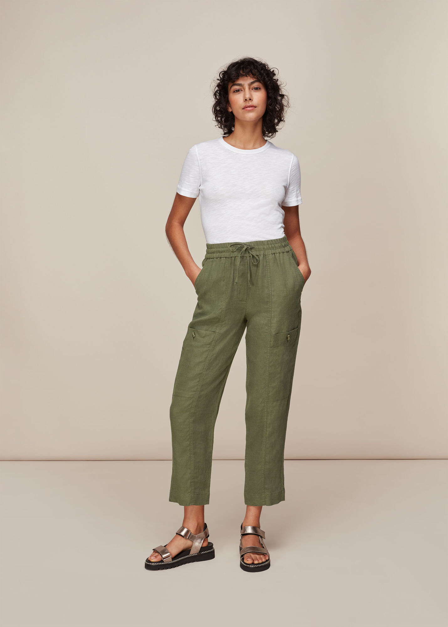 Whistles Women Linen Cargo Trouser - Khaki - 14
