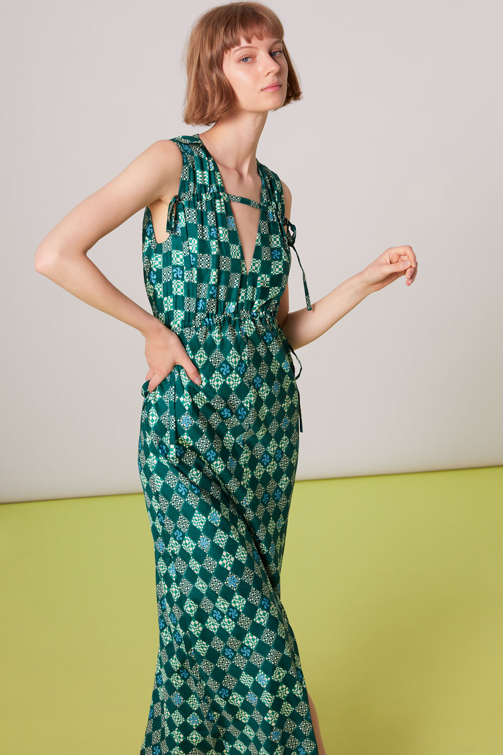 Green Silk Checkerboard Dress
