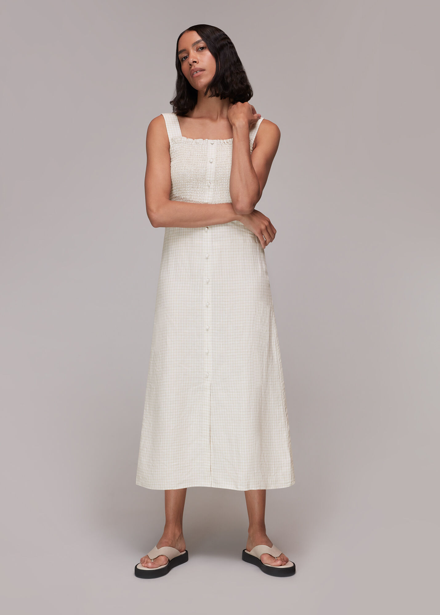 Multicolour Shirred Gingham Midi Dress WHISTLES