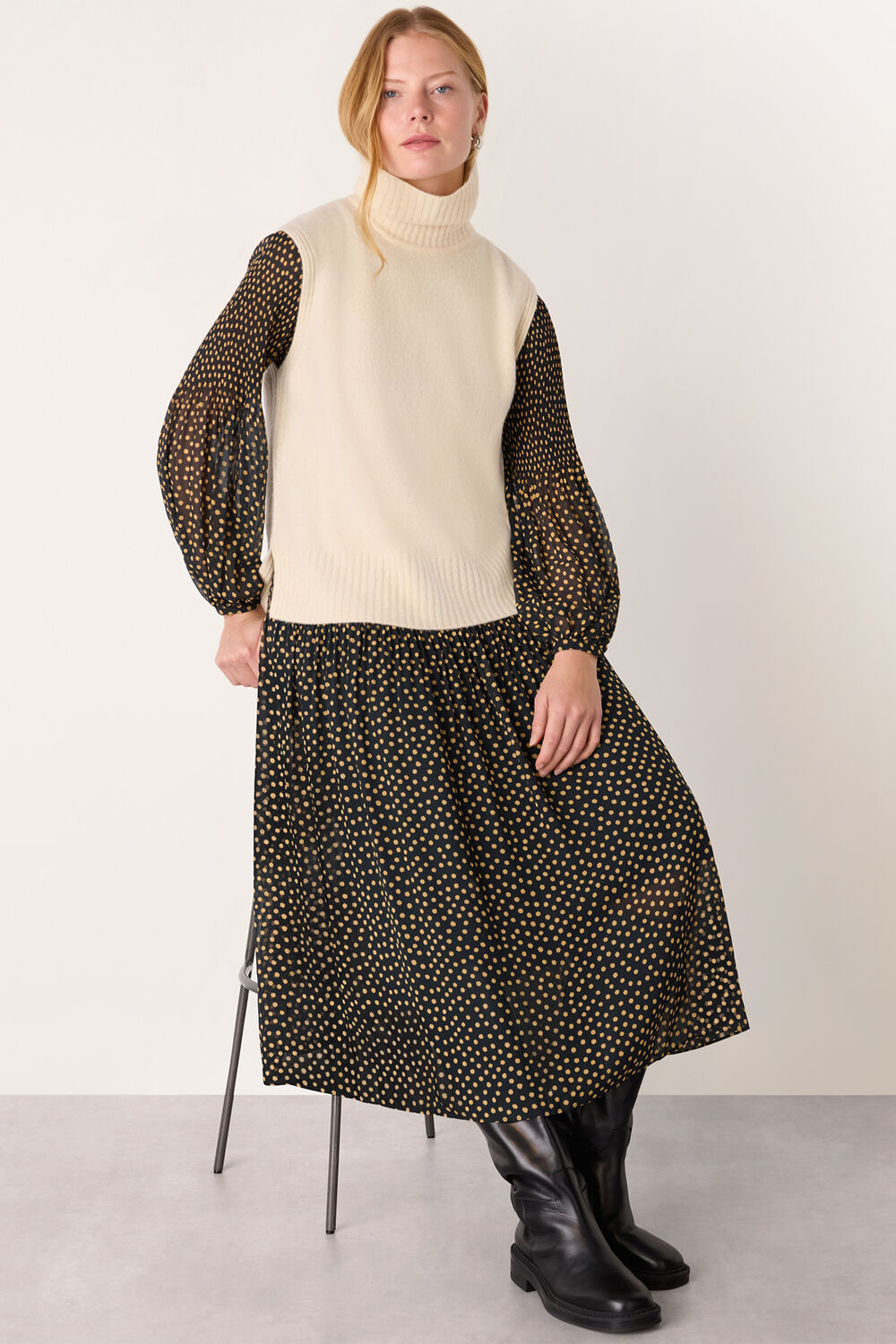 Black Spot Print Plisse Midi Dress