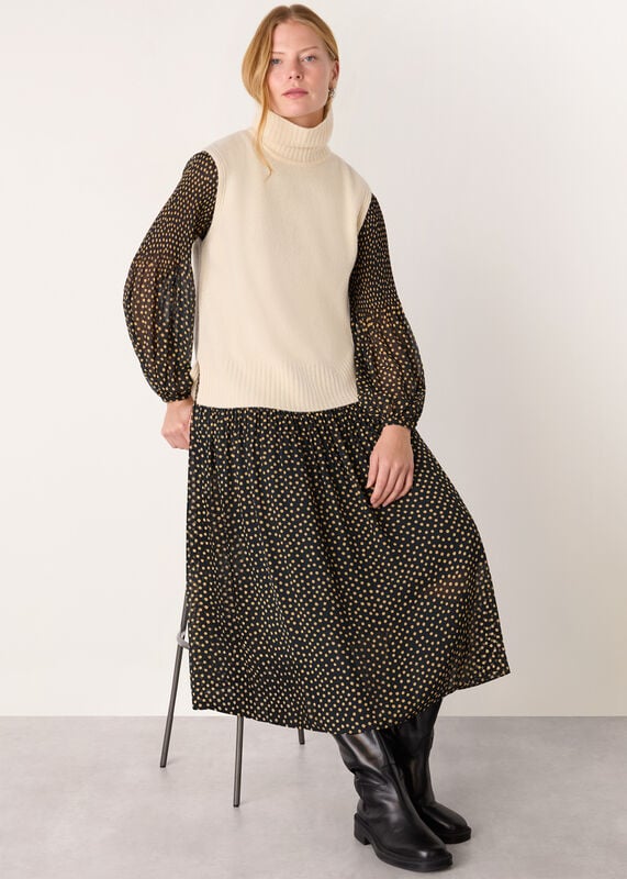 Black Spot Print Plisse Midi Dress