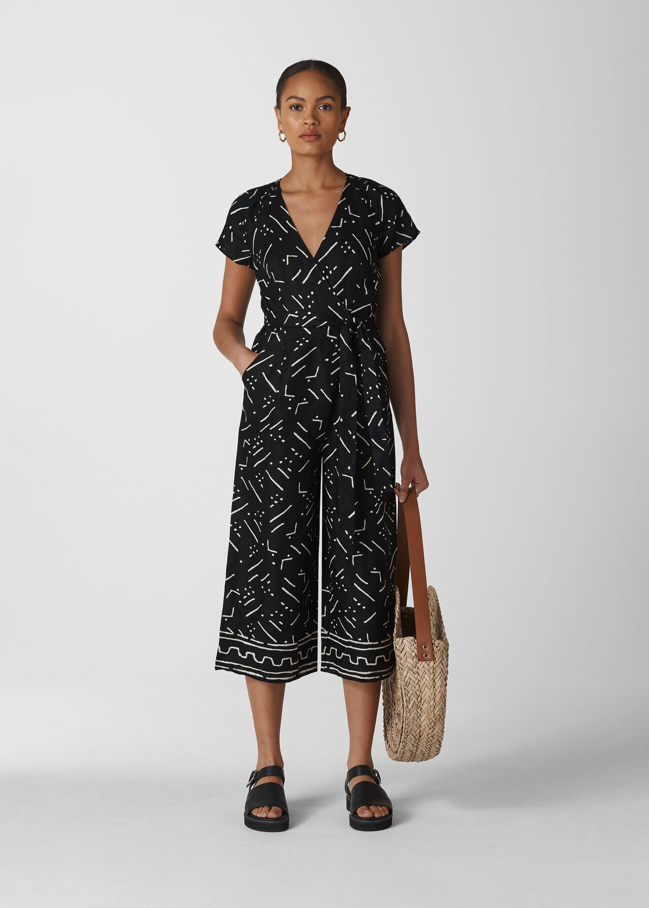 Kuba Print Etta Linen Jumpsuit Black and White